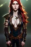 Placeholder: hyper realist, hyper detailed, stunningly beautiful teen woman, long ginger hair, green eyes, medium freckles, full lips, skimpy fantasy intricate leather armour, full body and head, c-cup breasts, aroused expression, full frame, petite, centered camera