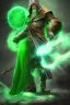 Placeholder: Powerful wizard using green magic, wearing dark cloak, fighting big stone monster