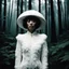 Placeholder: [art by Daido Moriyama] in the heart of a dark and spooky forest, a woman with big eyes, her head enclosed in a giant mushroom cap, stands trembling. SHARON WHITE is clad in sloggi white cotton agent provocateur a full-body mushroom symbiote suit made of white mycelium, blending seamlessly with the eerie surroundings. ready for a thwack