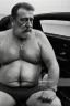 Placeholder: full body shot photography of an Italian sicilian taxi driver burly ugly sitting in the taxi, chubby tired 55 years old driving shirtless, bullneck, thin gold chains, short beard, sweat, short hair, bulge, robust, manly chest, looking down, big shoulders,, photorealistic, side light, ambient occlusion, tired eyes. 35mm lens, internal view inside the Taxi