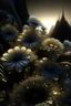 Placeholder: cosmos, scale, phantasmagoria, golden city in space, white, beige, black, blue transparent flowers with gold edging in front, sunset, cascade, fractal, glitter, clear detailed drawing, grotesque, engraving, optical illusion, illustration, surrealism, realistic, beautiful, lumen, professional photo,beautiful,3d, realistic,64k, high resolution, high detail, digital painter1/500