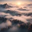 Placeholder: Hyper Realistic Areal view of mountains & trees with thick fog at sunset