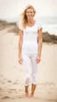 Placeholder: anorexic beautiful woman, age 30, total shot, black capri leggins, white t-shirt, blonde surfer hair, blurred beach background