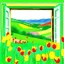 Placeholder: Drawing of an open window from an exterior wall of a house looking out into a valley with a rural landscape of green hills, yellow flower beds, the front of the house wall is painted pale green with peeling plaster, red tulips and yellow sedges are growing in the front of the house, Pamela Asherson style art painting, deviantart, Magic realism, detailed painting, whimsical, magical