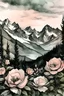 Placeholder: Roses in front of the Rocky Mountains; Ink wash with blush pink