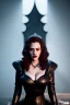 Placeholder: Kat Dennings as evil queen in black leather gown, cleavage, angry, stern look, unreal 5, octane render,cinema4d, dynamic lighting, dramatic lighting, 4k, redshift render, highly detailed, hyper realistic