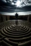 Placeholder: A man enters a labyrinth and the background sky draws the shape of a skull