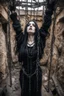 Placeholder: Closeup tall Girl goth with big eyes, fullbody, holding long chains, ragged and old clothes, the perspective looking up from the bottom of an empty well ,8k,macro photography,