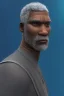 Placeholder: 3D render of a cyberpunk tribal old black man, gray hair and goatee, on a dark blue jungle background, digital art