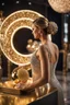 Placeholder: A magnificent golden and silver heart-shaped sign adorned with a stunning golden sphere encrusted with sparkling diamond clusters at its center, elegantly spinning in position,a girl golden statue standing pose