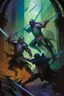 Placeholder: 1970's dark fantasy cover dnd style oil painting of an holographic medieval fight with minimalist far perspective in an abstract pattern background.