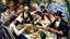 Placeholder: El almuerzo de los remeros de Pierre-Auguste Renoir → Interiorismo de restaurantes → Impresionismo → Toldos de lona, mobiliario de mimbre y cristalerías vistosas → Composición grupal dinámica y fragmentada → Luz solar tamizada, cálida y festiva → Azul marino, blanco, rojo coral y verde follaje → Atmósfera jovial, festiva y de vitalidad social