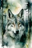 Placeholder: Front face of Wolf, Forest in the background with Full Moon, Aquarel