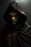 Placeholder: attractive, very dark green skin, male goblin, goblin ears poking through black hood, yellow eyes, wearing full leather armor, a black hooded cloak and a full face mask, dark shadowy room