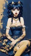 Placeholder: Poster in two gradually, a one side malevolent goth vampire girl face and other side the Singer Melanie Martinez face, full body, sit pose, painting by Yoji Shinkawa, darkblue and gold tones,