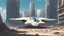 Placeholder: A small, wide, squat, sleek Spaceship in a ruined alien city, surrounded by tall damaged buildings, clear blue sky, small white clouds, photorealistic