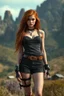 Placeholder: Photorealistic full-height photo of a fantasy skinny pin-up girl in steampunk shorts with long, dark ginger hair in a fantasy landscape