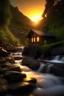 Placeholder: Small house by a waterfall on a sunset evening
