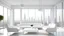 Placeholder: White conference interior with work table and armchairs, side view relax corner with sofa and shelf with decoration. Panoramic window on skyscrapers. 3D rendering