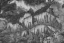 Placeholder:  Wednesday Adams, black and white, tall narrow scary house , pointy roof, cursed trees , dense dark forest, forest background, spiders, bats, bones, Escher style