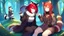 Placeholder: Two Girls, red hair, raccoon ears, raccoon tail, raccoon face, forest, sit on tree, raccoon paws on hand, paws on foot, coat on neck,with tongue out