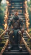 Placeholder: close up portrait of a happy blessed ancient magical king mad max soldier standing on a throne in a space alien mega structure with stairs and bridges woven into a sacred geometry knitted tapestry in the middle of lush magic forest, bokeh like f/0.8, tilt-shift lens 8k, high detail, smooth render, down-light, unreal engine, prize winning