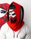 Placeholder: Draw an illustration with a red and black hood and a dragón mask over they eyes, front view