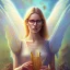 Placeholder: water color and spray painting fantasy art, portrait angel,wearing glasses,holding harp, standing in portal to wet forest world from desert world with camels,poetry book illustration