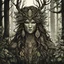 Placeholder: create a female shadowed forest spirit hunter , with highly detailed, sharply lined facial features, in the deep forest of Brokilon , finely drawn, boldly inked, in vibrant, soft woodland colors, otherworldly and beautiful