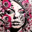 Placeholder: A detailed high quality surreal painting of a delicate, shimmering single pink, personified rose, with a womans face a small pretty face in its petals, two eyes, pouting lips, delictae nose, background is a blurred black and white hypnotic pattern, very mod, 1960s inspired art, psychedelic, highly detailed conceptual art, mixed media collage, dark fantastical, hypnotic atmosphere, fine lines, dali-esc, beautiful and natural, strange art, optical illusion