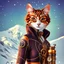 Placeholder: Hermosa ilustración steampunk coloreada arte lineal de un gato antropomorfico con traje de esquiador, esquiando en la nieve, calidad ultra, hiperdetallado,12k