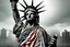 Placeholder: the statue of liberty, dress dirty and torn, her face solemn and terse, trash littered at her feet, she holds a crumpled american flag, she walks away, back to the viewer, under a dark and dreary sky