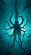 Placeholder: A giant creature under water with sharks , black vein, human veins, mixing together a lot of them, like a forest, big and small veins a lot of them, a black creature looks like an octopus with many arms