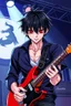 Placeholder: 1man, 30 years old, playing electric guitar, at a midnight concert, manly facial features, red creepy alien bug eyes, black hair, athletic build, correct hands, in the style of manga "Rosario+Vampire"