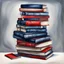 Placeholder: Hand drawn illustration, oil painting, midnight blue and red, stack of books with airbrushed tape, white background only