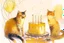 Placeholder: beautiful composition, cat birthday party with cake, watercolor and ink, golden glitters in ochre in sunshine