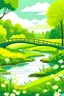 Placeholder: Paisaje con un rio en el medio, que lo atraviesa un puente y por los costados arboles de diferentes colores verdes y florales, con un dia soleado en la esquina. Modo realista