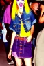 Placeholder: year 1996 denim fashion. Loose skirt, low waist. Colors: denim blue, blue, purple, cream, khaki, light green, lilac, plum, orange, terracotta, red, light yellow, lion yellow, pink, dark blue, beige. Gwen Stephani, Missy Elliot, Shirley Manson.