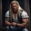 Placeholder: handsome warrior king, muscular, long blonde hair, male age 30, wearing jeans and a white shirt, tan skin, tattoos,photorealistic 4k dark fantasy