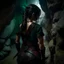 Placeholder: a beautiful tiefling woman with dark hair in a sleeveless battle outfit, seen from the back, at the edge of a precipice in a cave, ready to jump, photo quality, dark colors