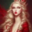 Placeholder: a full portrait of beautiful queen, has pale blonde hair and green eyes, red lips, wearing red dress