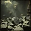 Placeholder: horror movieshot, rocks, very odd objects in background, Ades, Charon, tenebroso, macabro, marcio, interno museo, hypermaximalist, odd, intricate, Lawrence Alma-Tadema style, albero, hypnotic, eerily mysterious, artistic photo, shot on, follia, smoke, daguerrotype