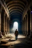 Placeholder: man walking in the ruins of a great ancient library.