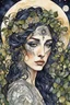 Placeholder: random watercolor Zentangle patterns in the styles of Gustav Klimt ,Wassily Kandinsky, Alphonse Mucha, and Kay Nielsen that depicts an aged and haggard female Spanish bruja, with highly refined facial features, in a moonlit Andalusian olive grove , with fine ink outlining