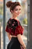 Placeholder: young woman with clear eyes, messy bun hair, bouncing looking back, soft velvet red/black two piece printed outfit, morning sun, cute, full body, ultra realistic, a variety of small details in the background, hyper realistic, surprised, sweet smile, 8k, HDR, 500px, by Koos Roos