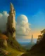 Placeholder: A white sky dream realm with warped towers painted by Gustave Courbet