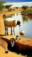 Placeholder: Africa, farming, sheep drinking from river and desert, farmers