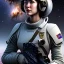 Placeholder: centered portrait of female soldier with no helmet, by a starship window with a view to the milky way