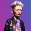 Placeholder: Tilda swinton toddler, full body, leather jacket, floral shirt, floral skirt, Nike sneaker, soft skin, city background, dramatic lighting, hyper realistic