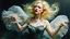 Placeholder: old worn plain canvas, grunge, layered, embossed, double exposure, artistic luminous watercolor, glitter, midground, luminosity, highlights, gold highlights, light effects, dark grey green highlights, portrait of victorian gothic platinum blonde woman, red lips, fluffiness, wind, airy fluttering dress, swirls, layered, blending, textured, 3D, 8K, best quality, fine rendering, high detail, hyperrealism, high resolution, high definition, layered, pin sharp, hyperfocus, vignette